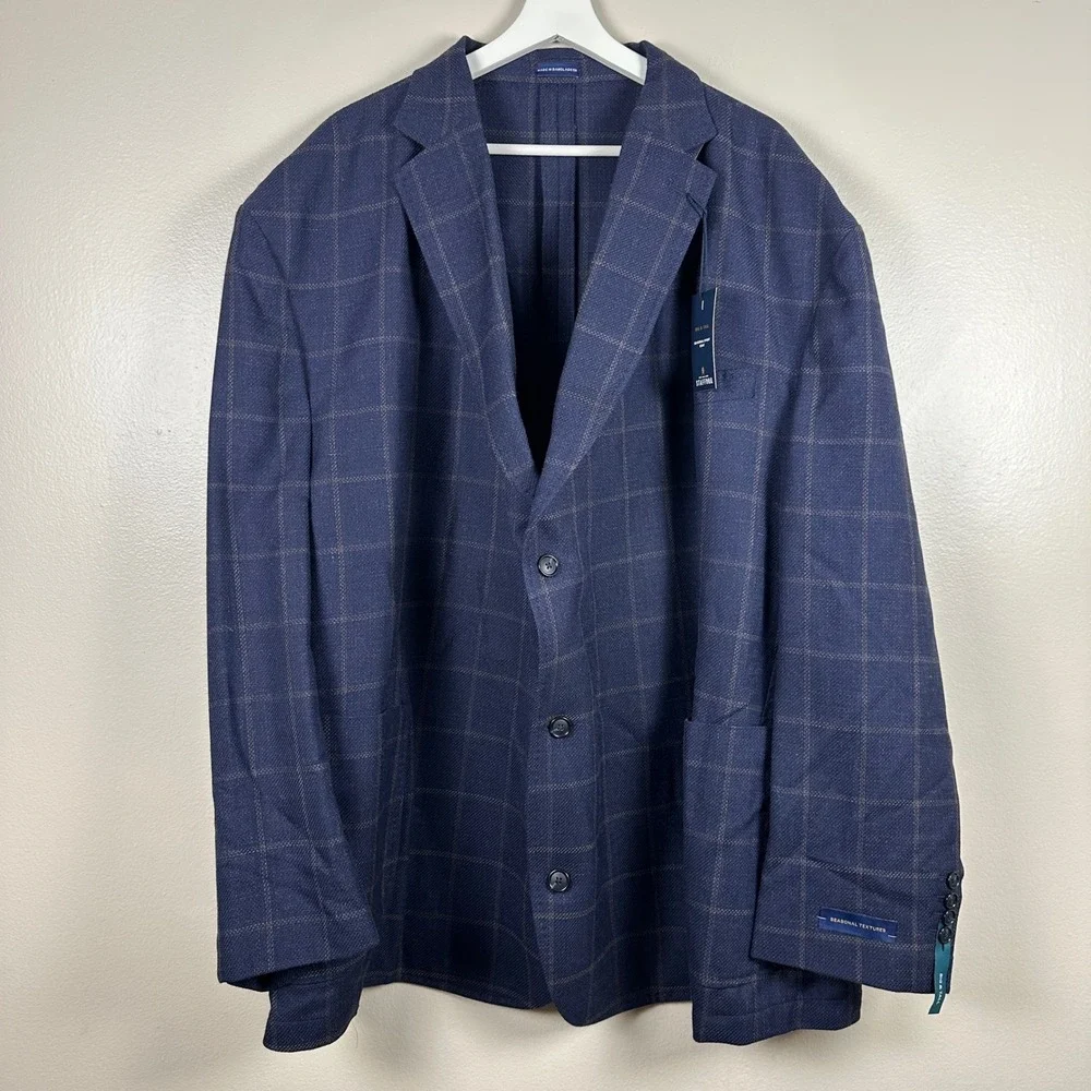 Stafford Mens 60R Sport Coat Navy Windowpane Wool‎ Blend Big & Tall 3-Button NEW